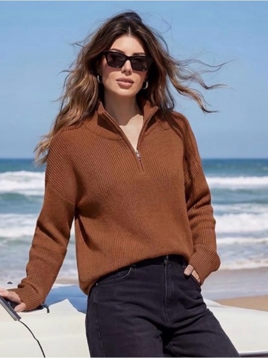 Simlakey Sweaters - Simlakey Women’s Caramel Brown 1/4 Zip Sweater, Size Medium